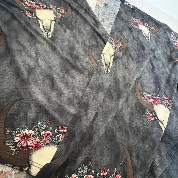 Floral Longhorn Skull Print Kimono Cardigan Boho Western Core M Coastal Cowgirl - Picture 8 of 10